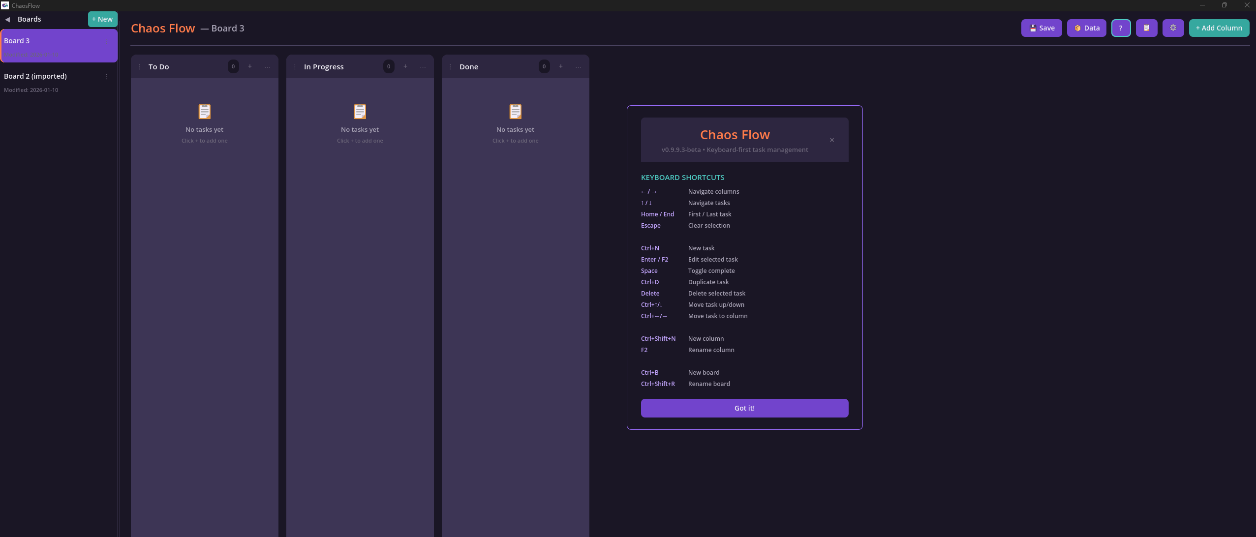 ChaosFlow keyboard shortcuts overlay showing all available hotkeys