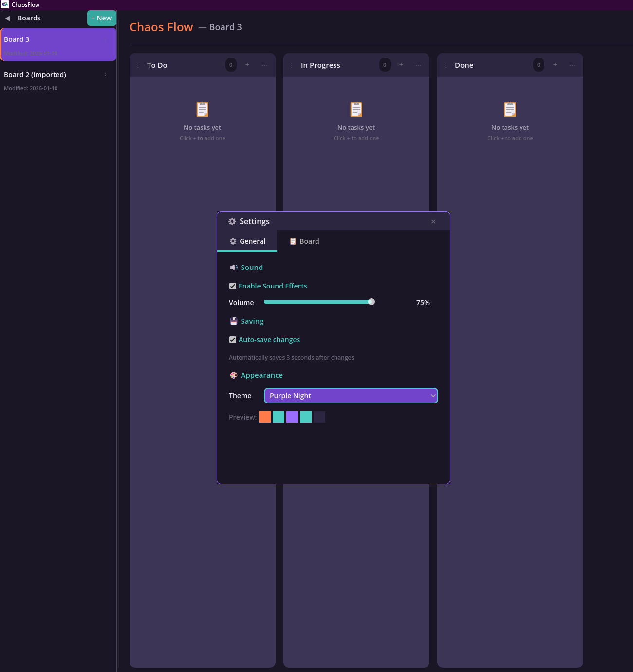 ChaosFlow theme settings with Purple Night theme selected